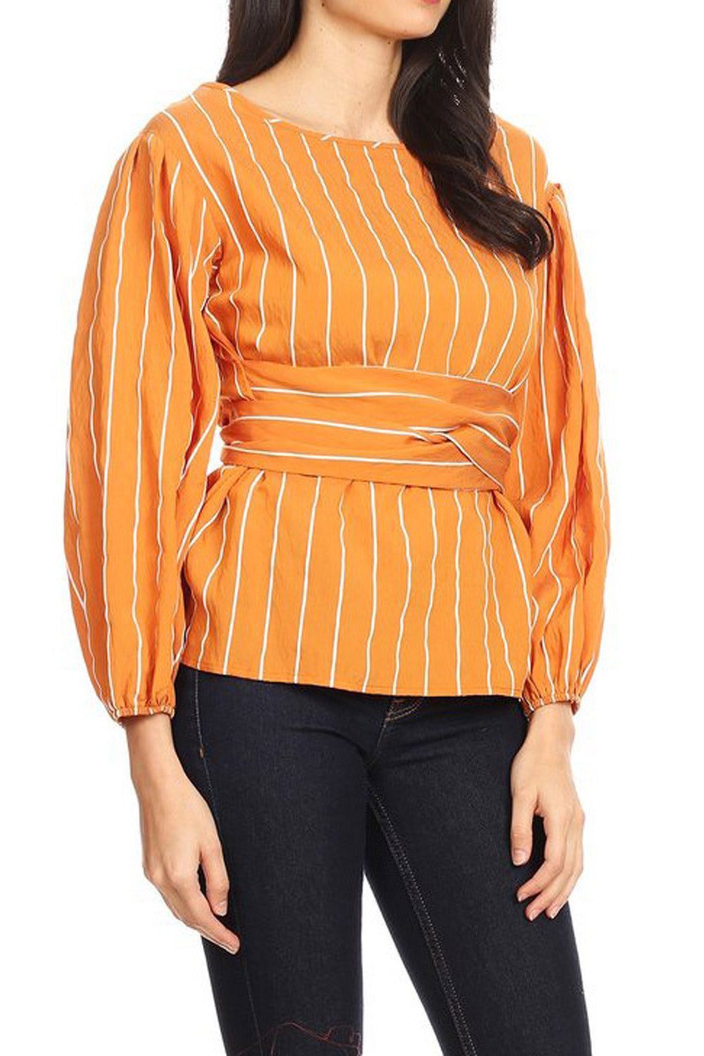 Women Slim Waist Long Sleeve Striped Blouse