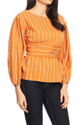 Women Slim Waist Long Sleeve Striped Blouse