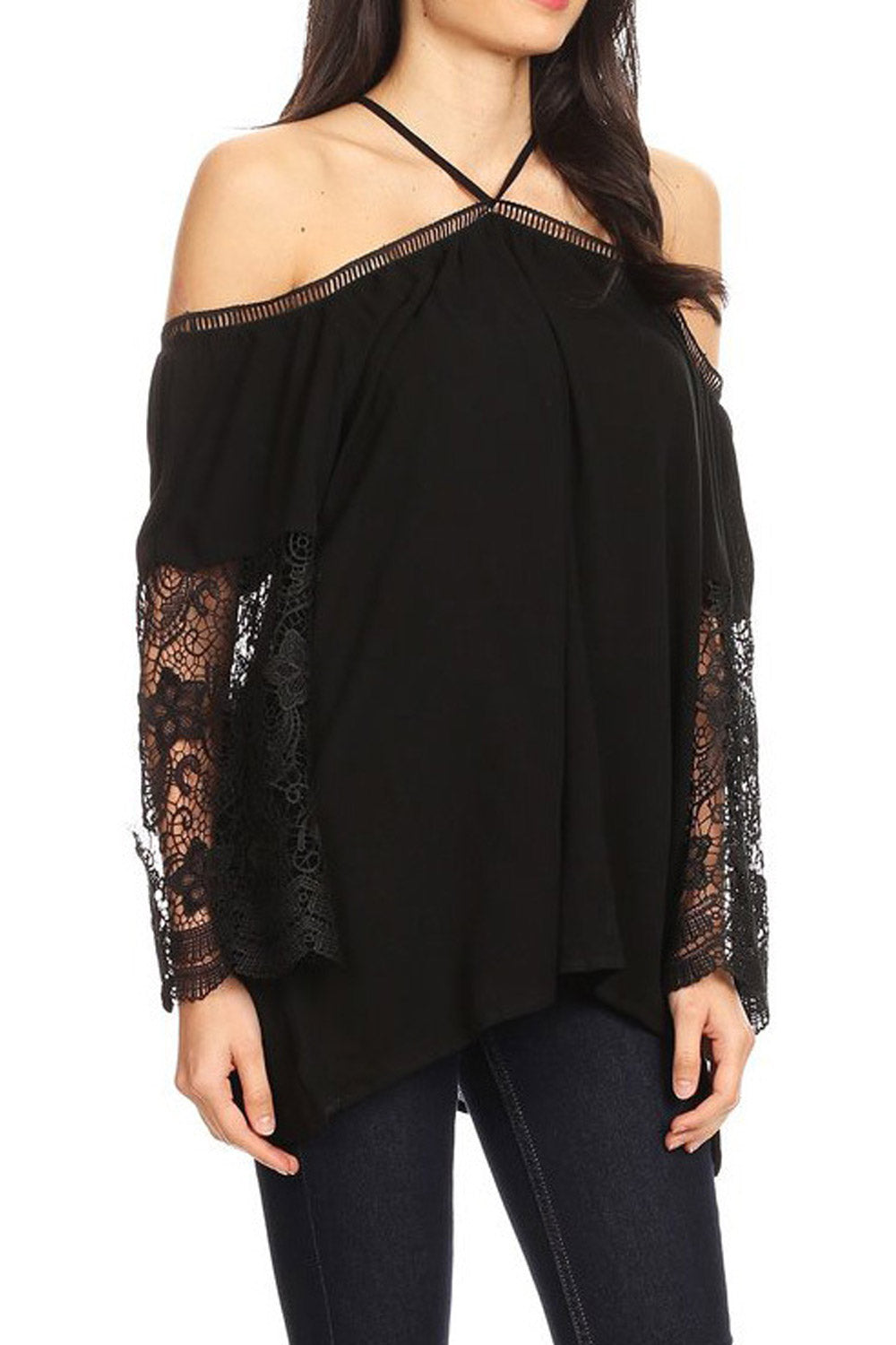 Women Halter Lace Sleeve Stylish Blouse