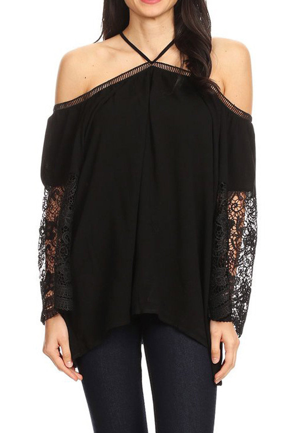 Women Halter Lace Sleeve Stylish Blouse