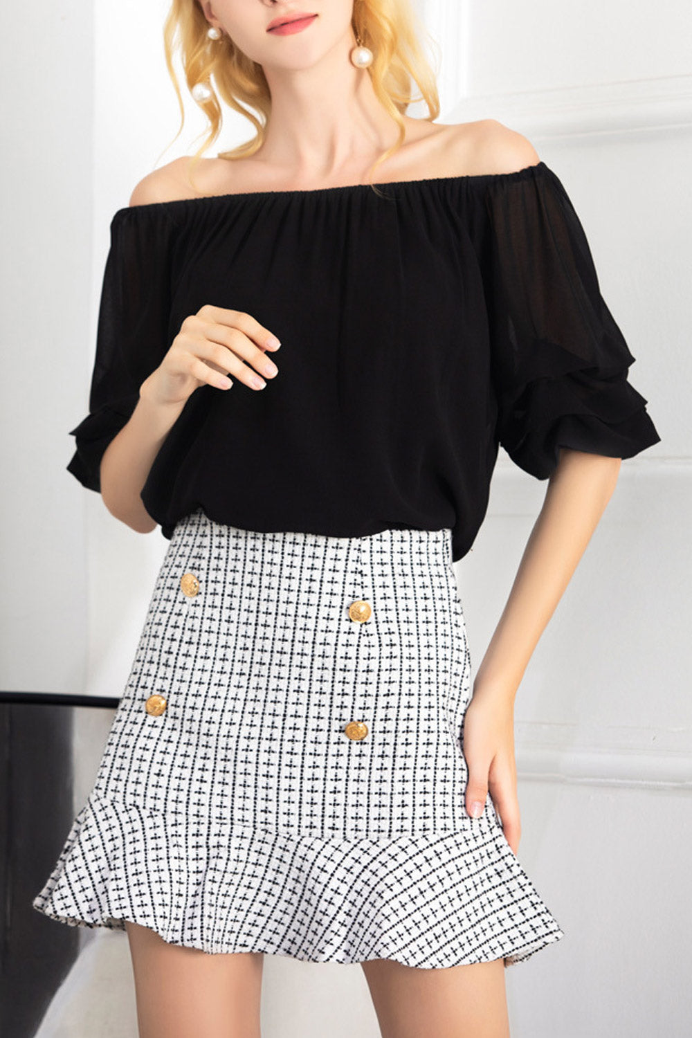 Women Fashion Off Neck Solid Chiffon Blouse