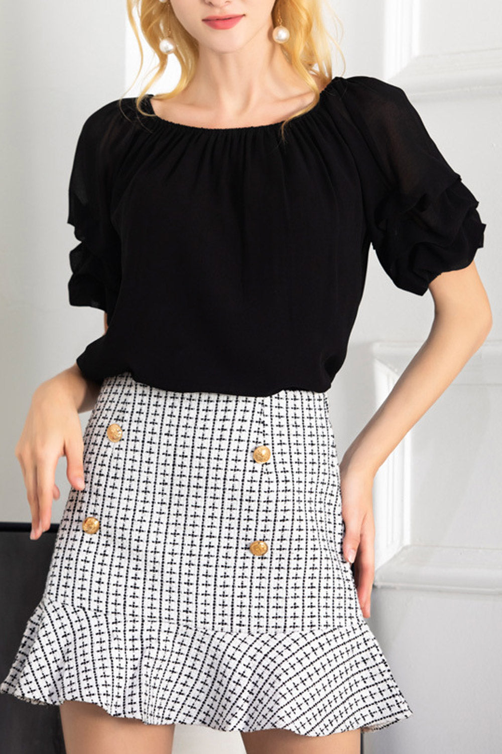Women Fashion Off Neck Solid Chiffon Blouse