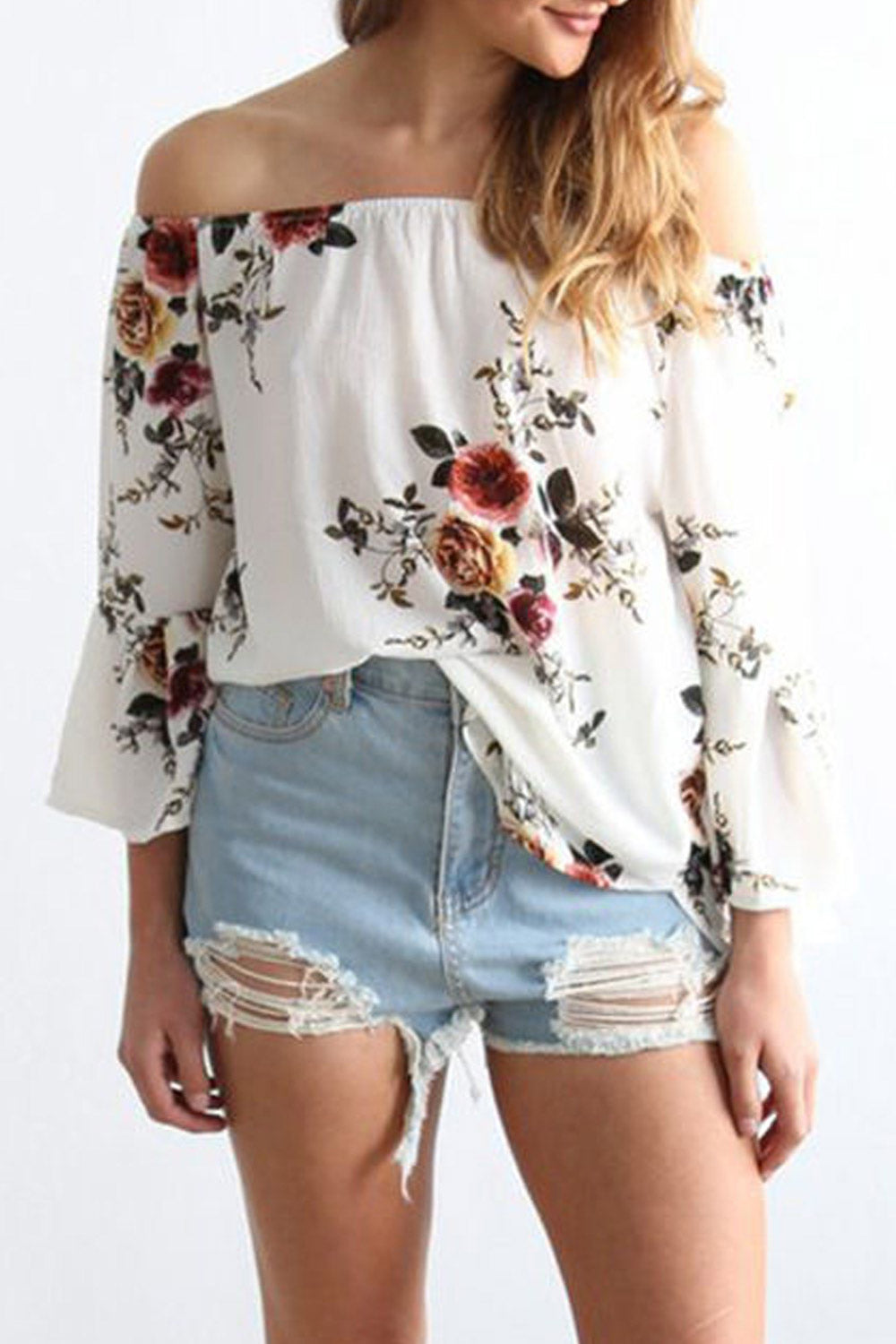 Women Floral Pattern Off Neck Chiffon Blouse