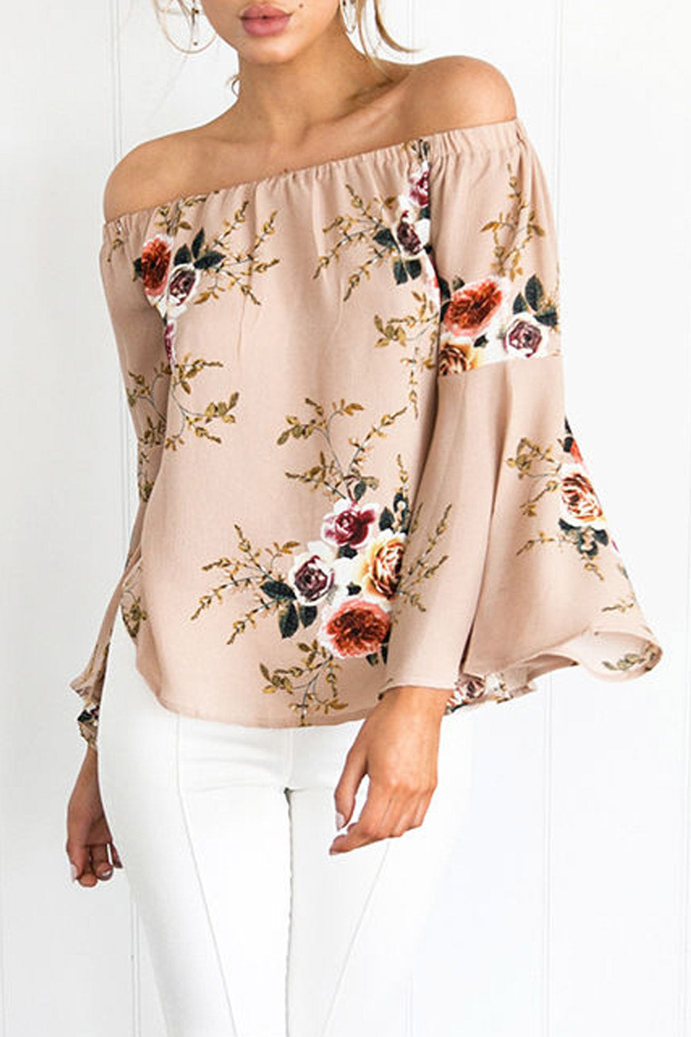 Women Floral Pattern Off Neck Chiffon Blouse