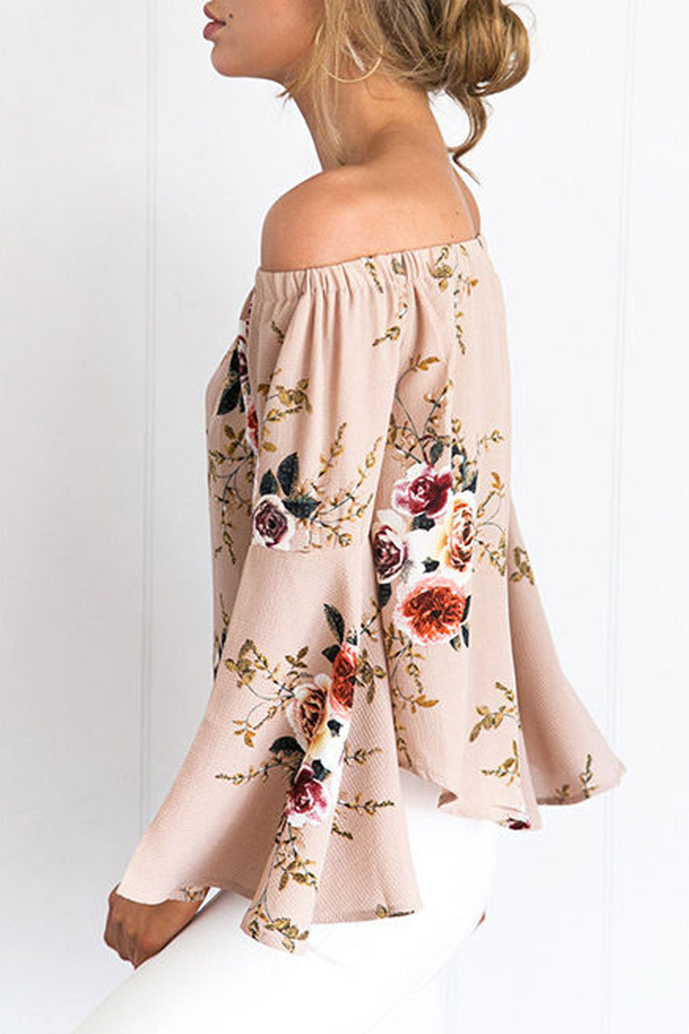 Women Floral Pattern Off Neck Chiffon Blouse