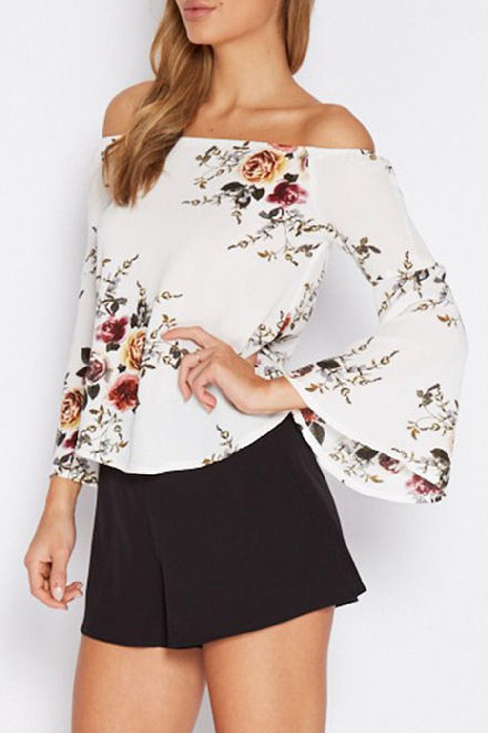 Women Floral Pattern Off Neck Chiffon Blouse