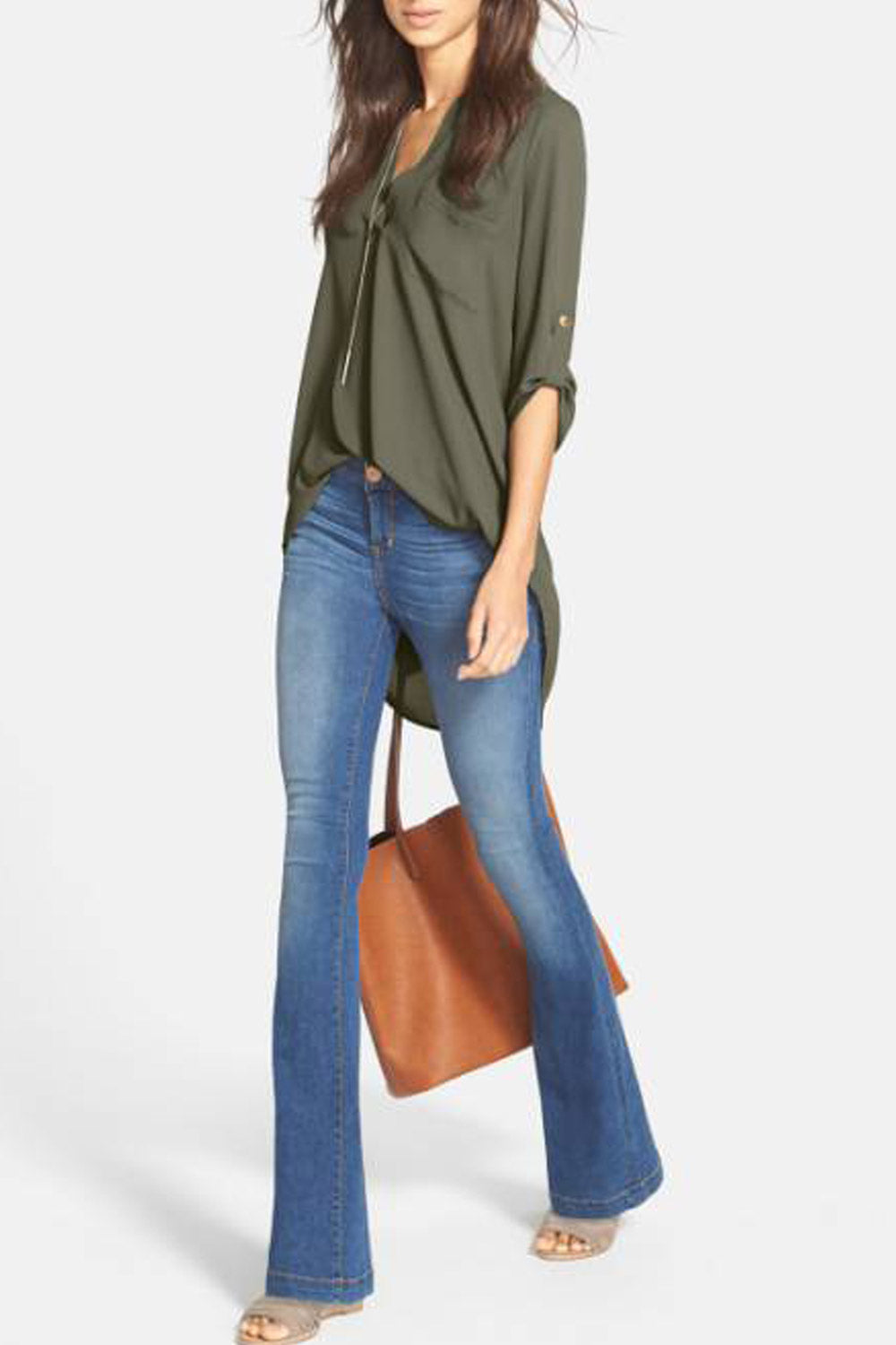 Women V-Neck Folded Sleeve Chiffon Blouse