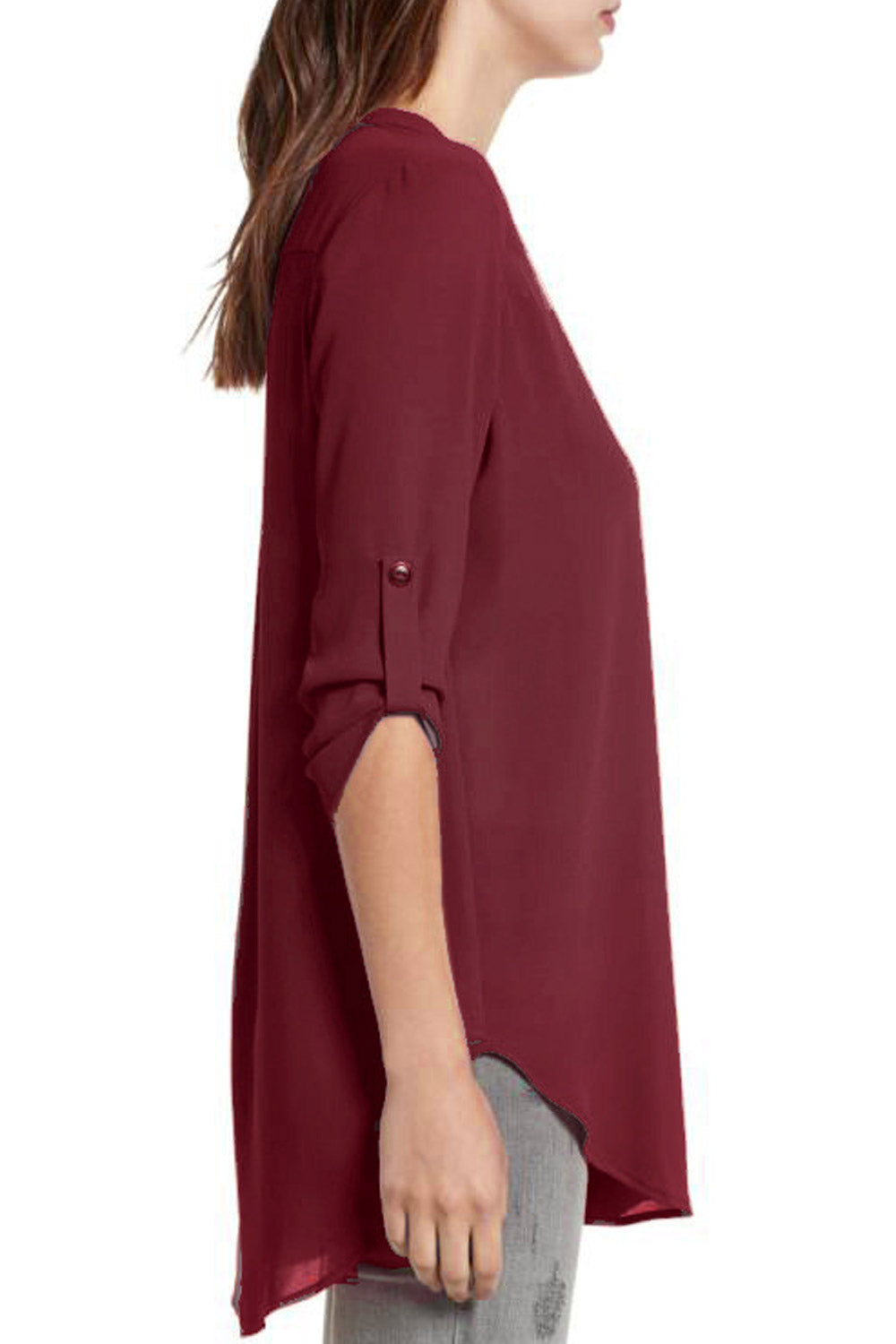 Women V-Neck Folded Sleeve Chiffon Blouse