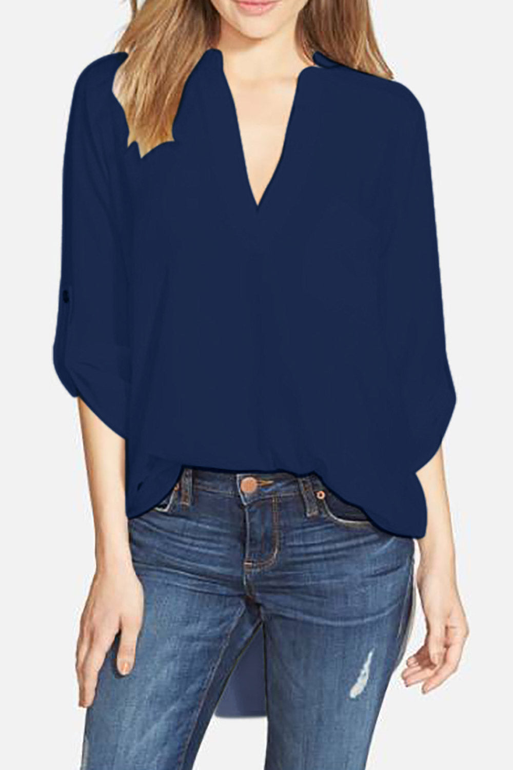Women V-Neck Folded Sleeve Chiffon Blouse