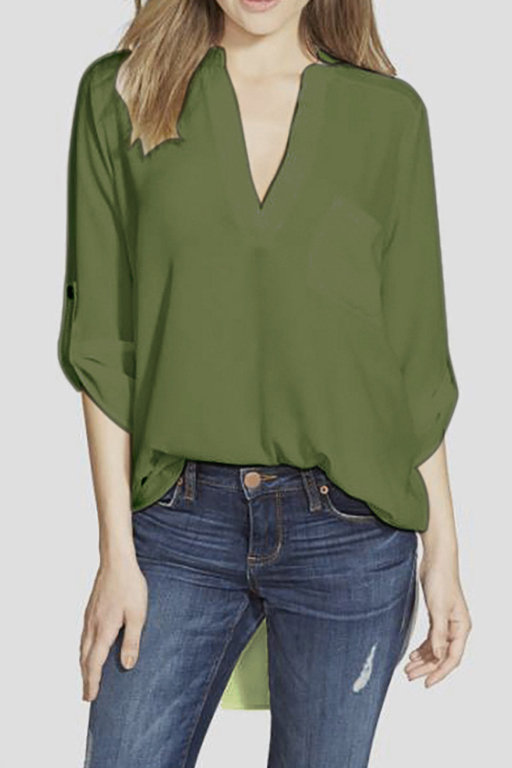 Women V-Neck Folded Sleeve Chiffon Blouse