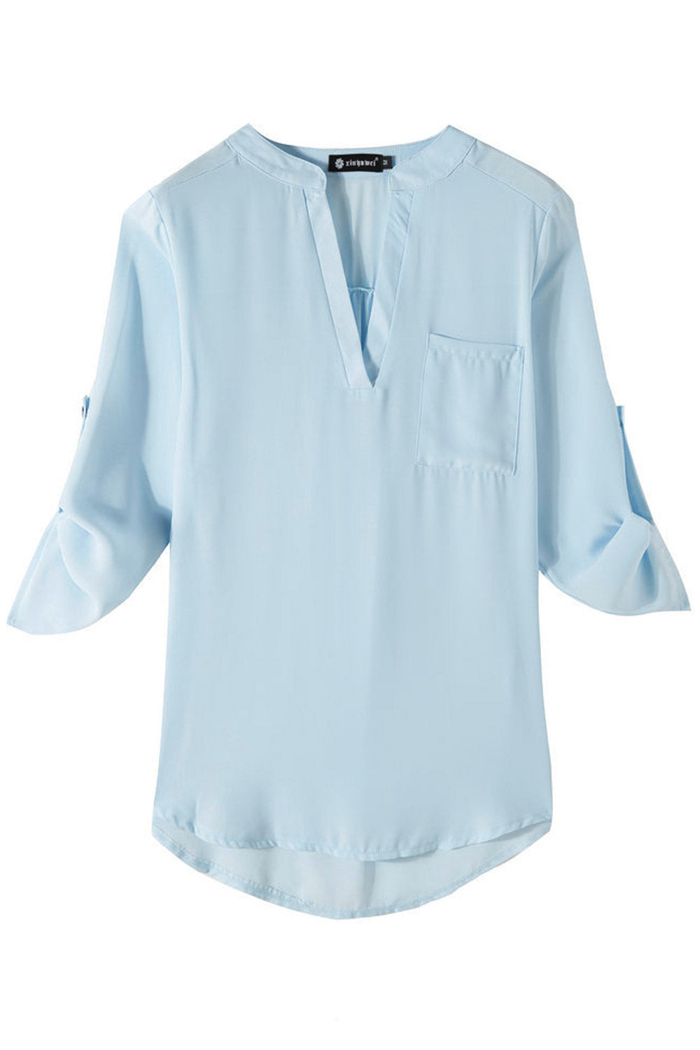 Women V-Neck Folded Sleeve Chiffon Blouse