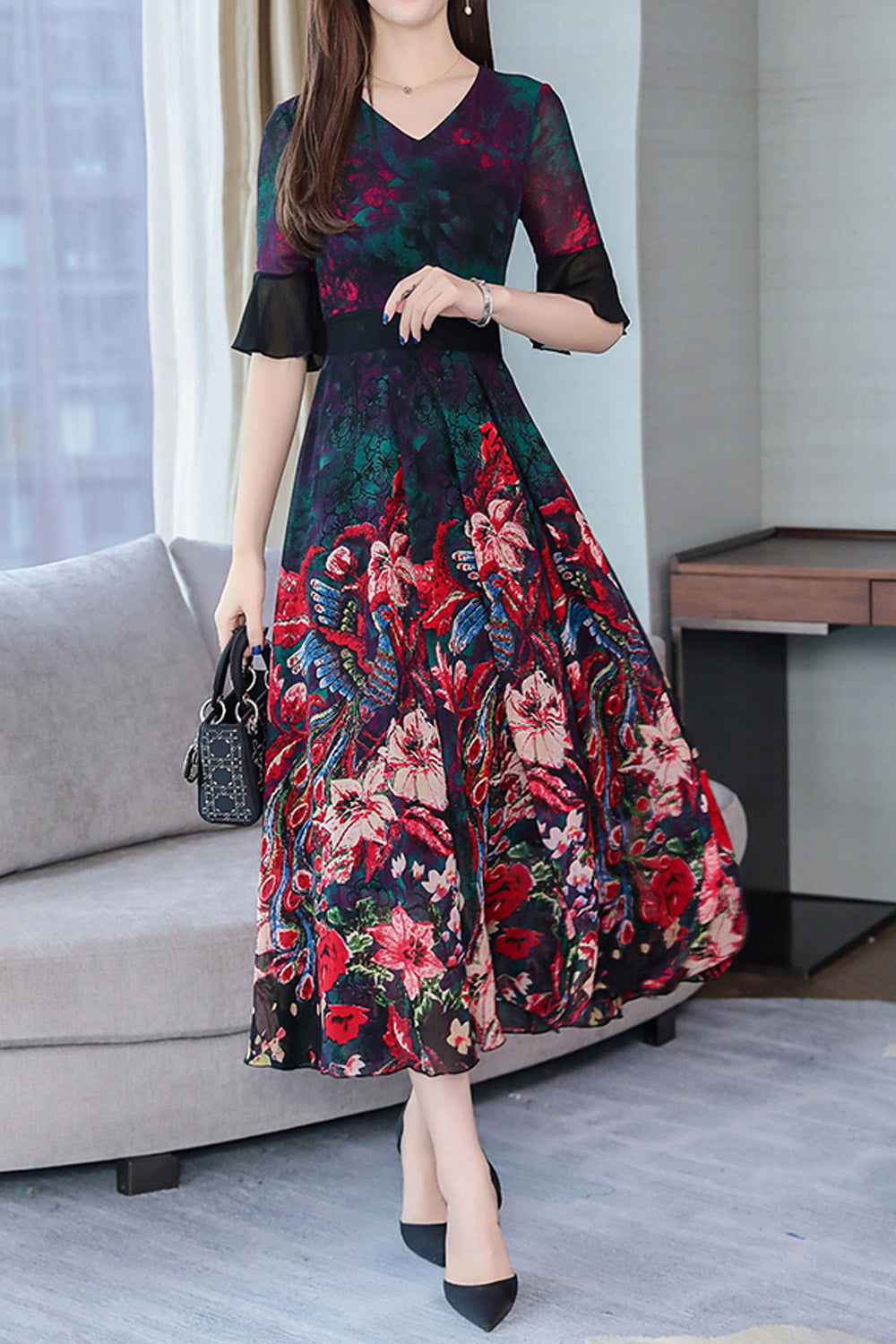 Women Bell Sleeve Floral Skirt Beautiful Dress
