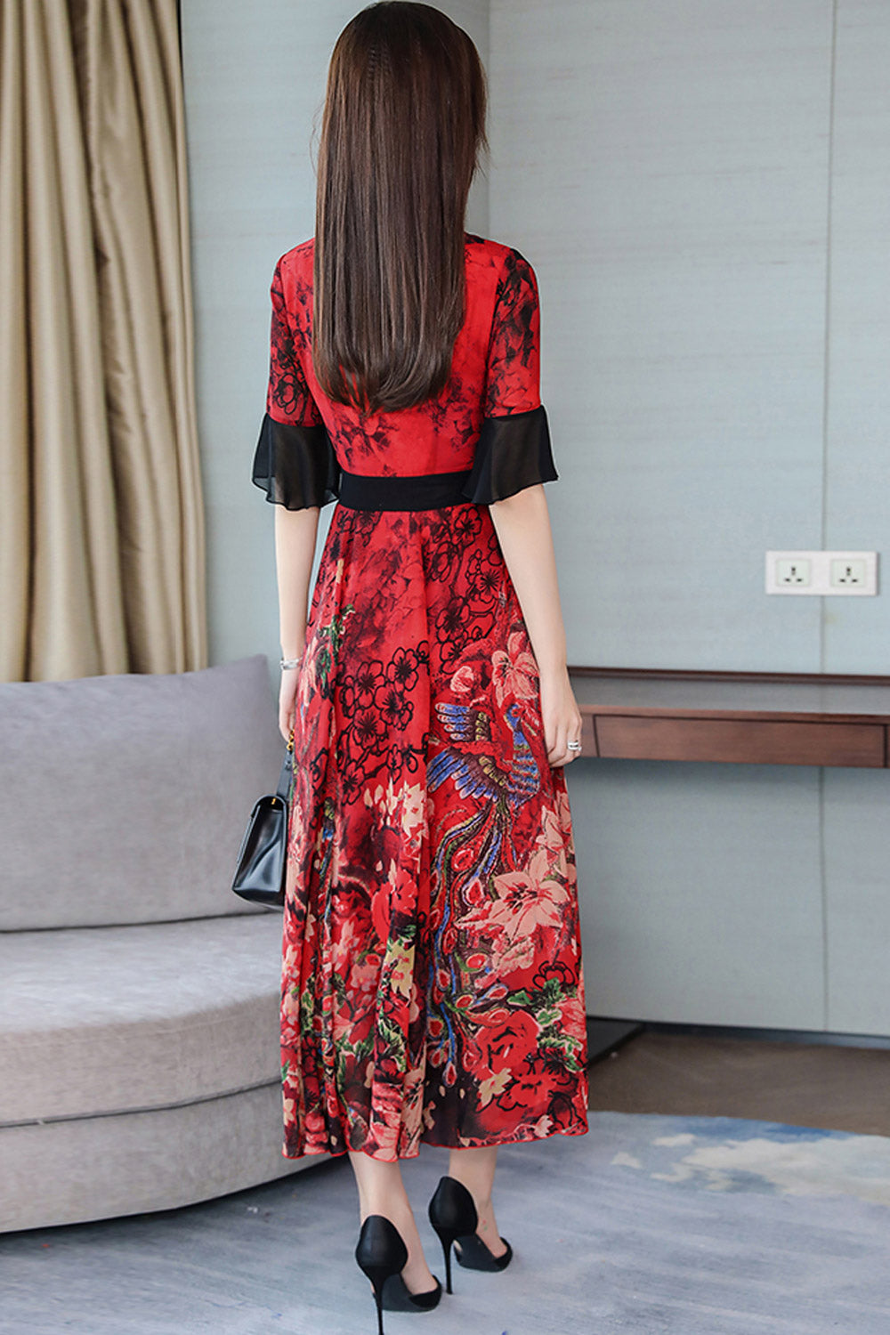 Women Bell Sleeve Floral Skirt Beautiful Dress