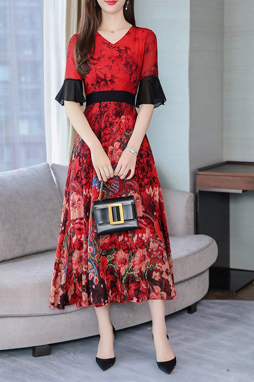Women Bell Sleeve Floral Skirt Beautiful Dress