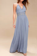 Women Hollow Lace V-Neck Long Maxi Dress
