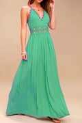 Women Hollow Lace V-Neck Long Maxi Dress