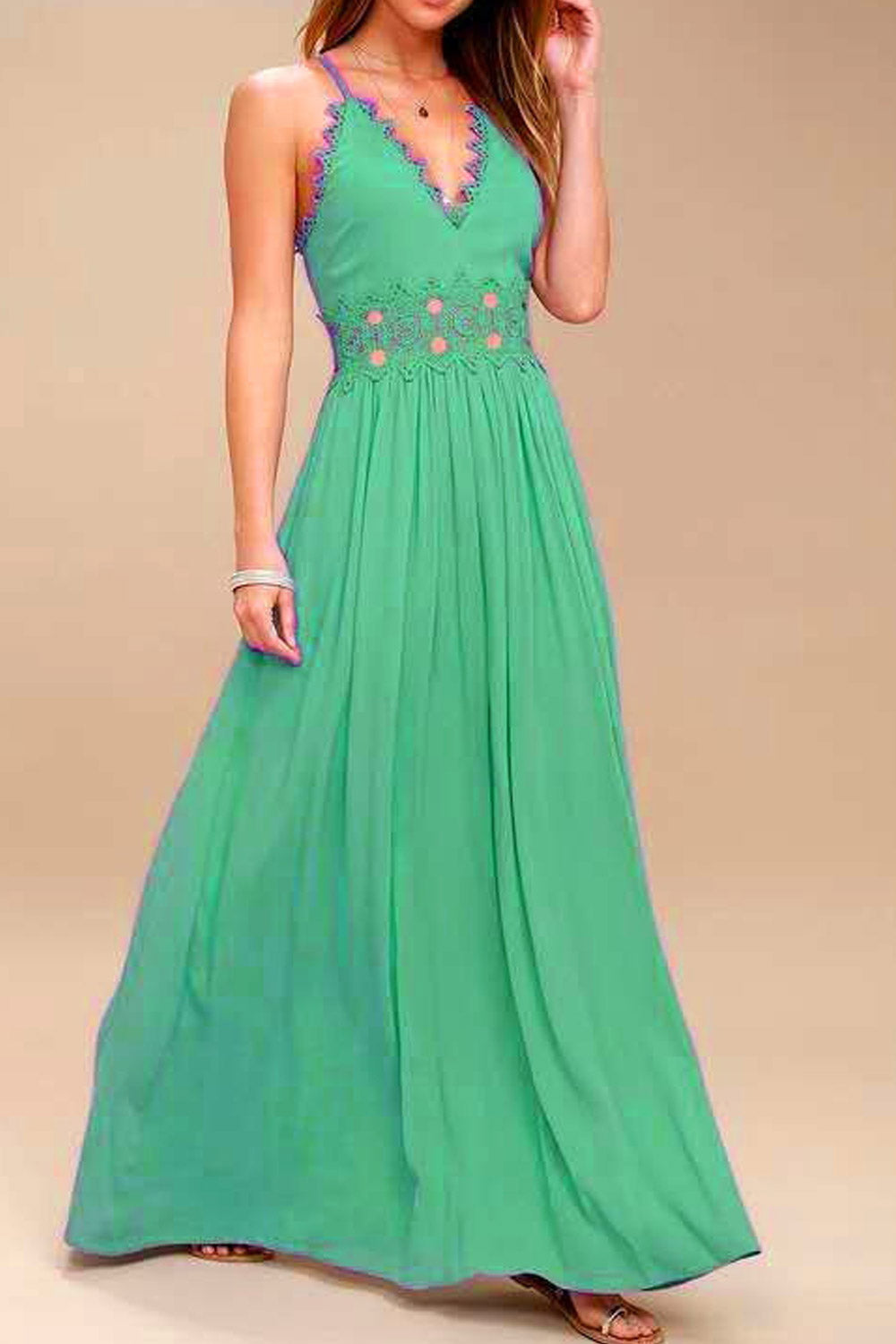Women Hollow Lace V-Neck Long Maxi Dress