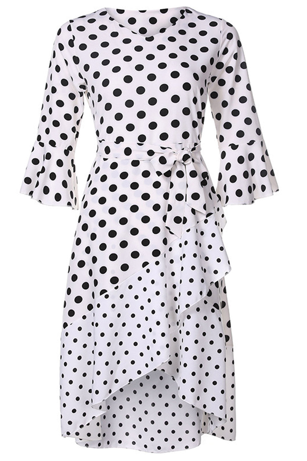 Women Cloth Belt Irregular Polka Dot Dress