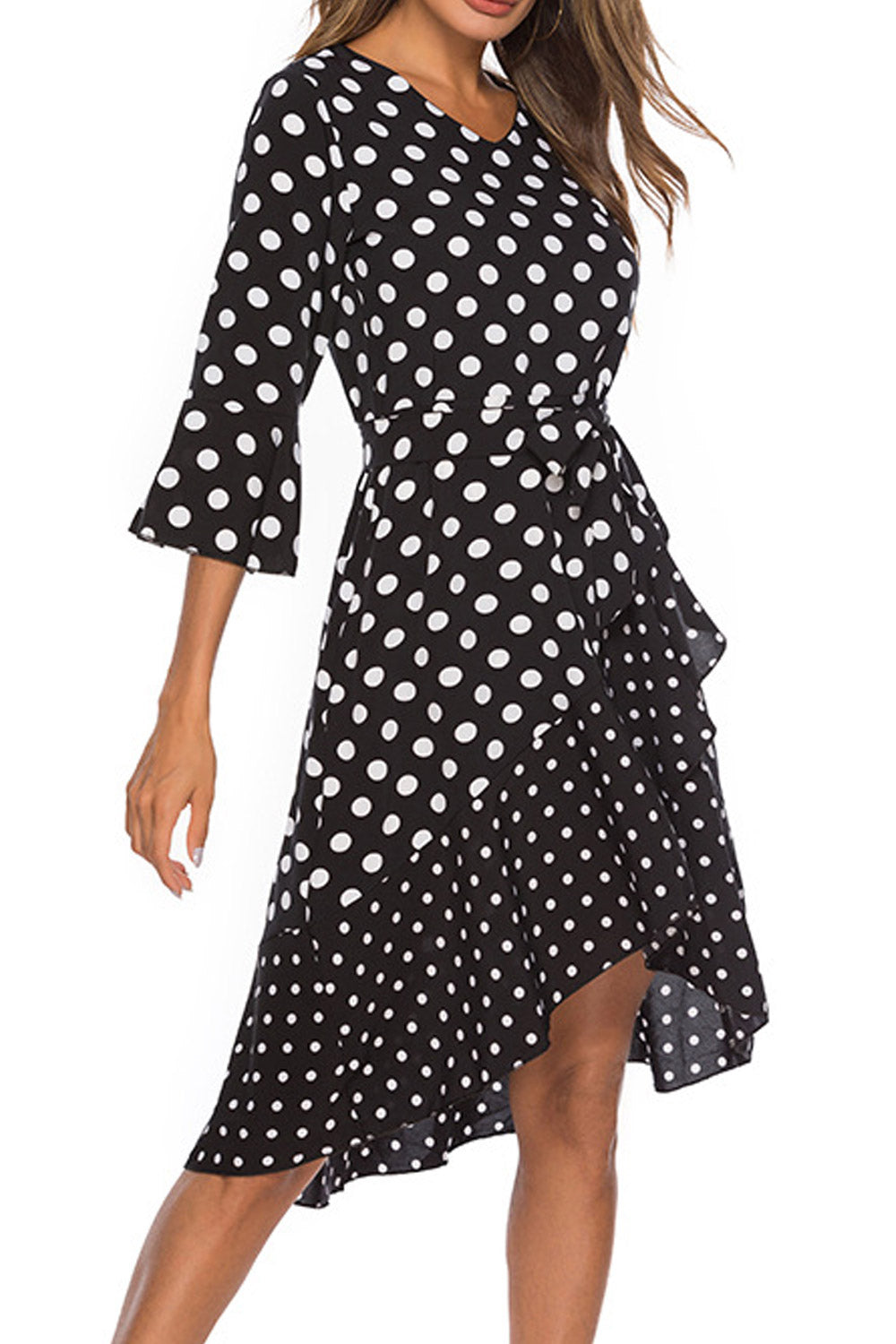 Women Cloth Belt Irregular Polka Dot Dress