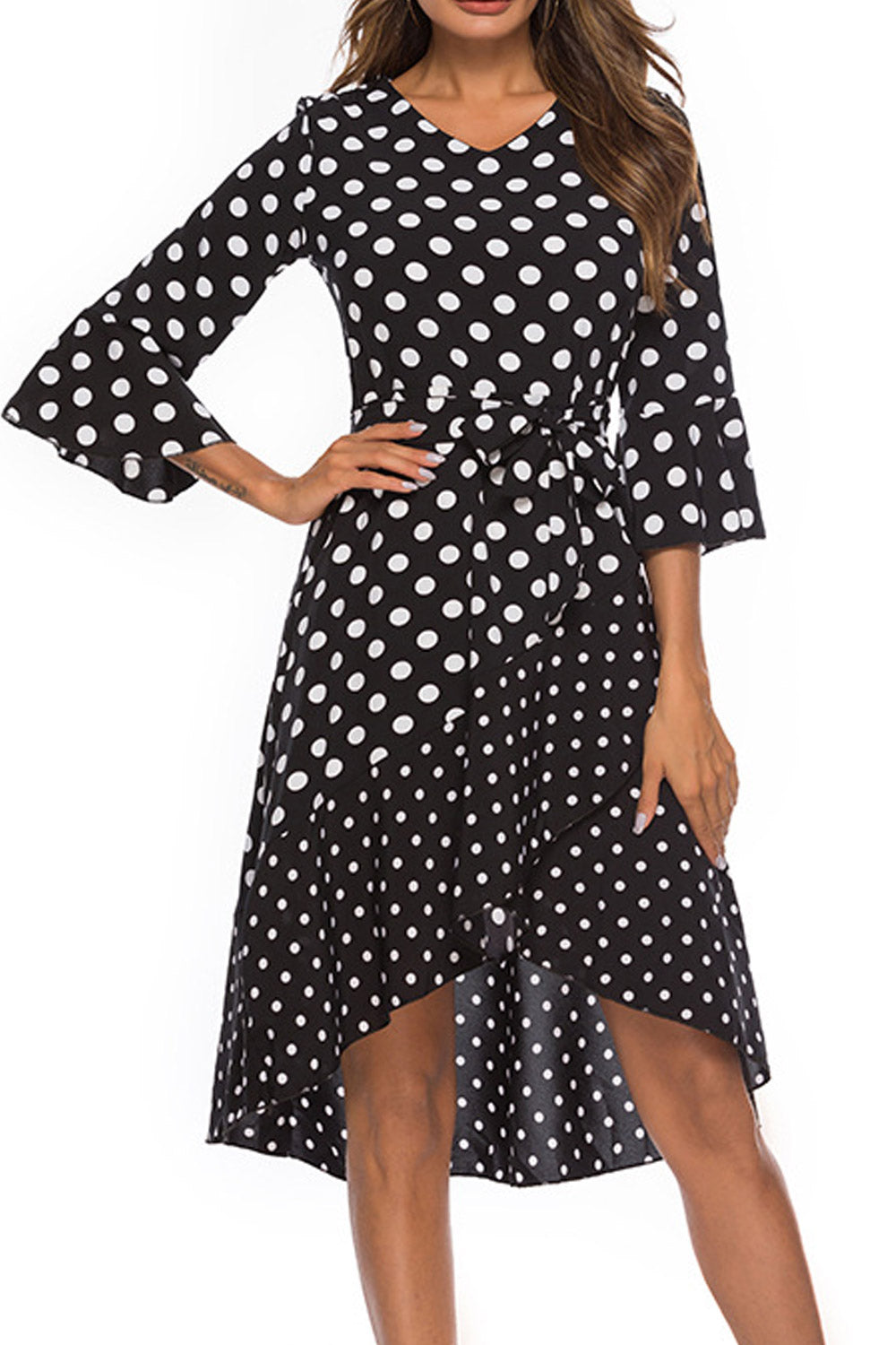 Women Cloth Belt Irregular Polka Dot Dress