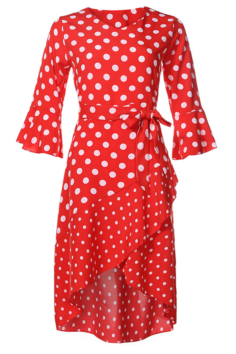 Women Cloth Belt Irregular Polka Dot Dress
