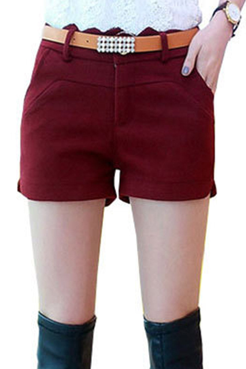 Women Solid Colored Zipper Closure Thin Short