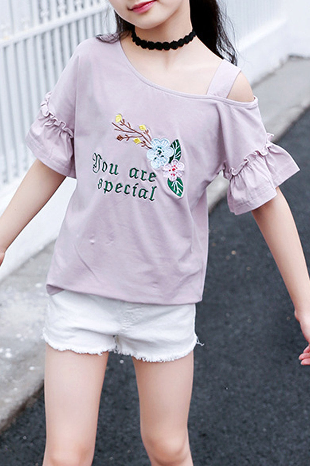 Kids Girls Graphic Cold Shoulder Loose T-Shirt