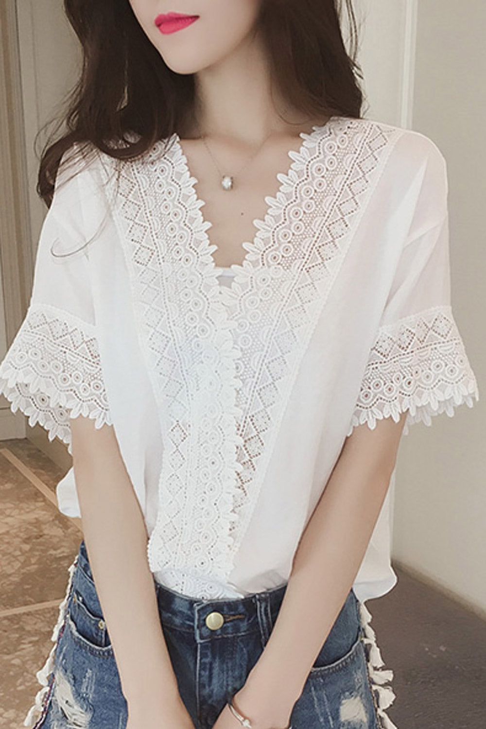 Women Solid Color V-Neck Loose Lace Blouse