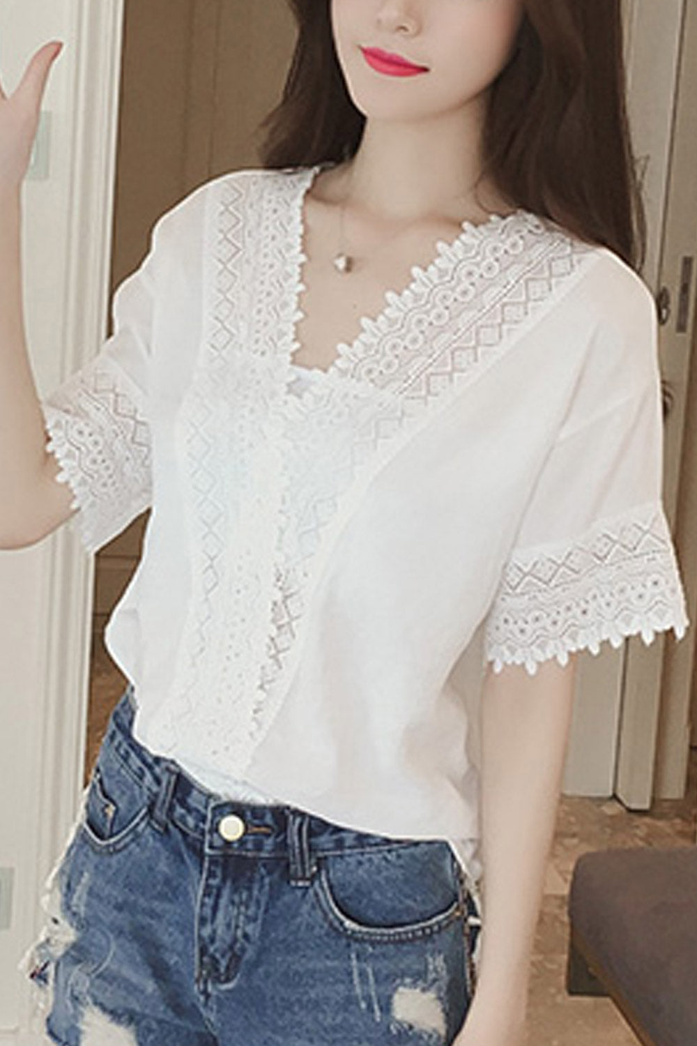 Women Solid Color V-Neck Loose Lace Blouse
