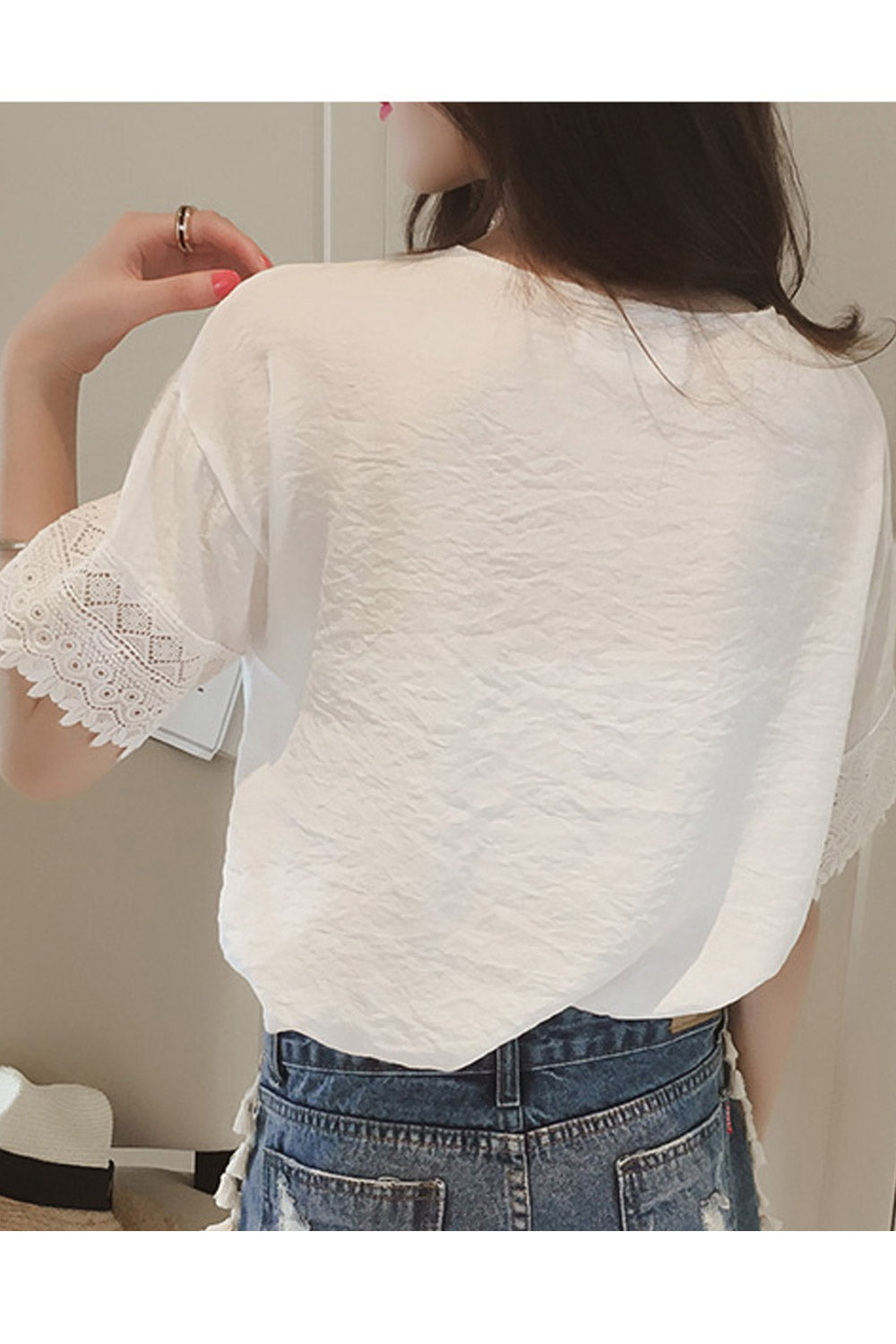 Women Solid Color V-Neck Loose Lace Blouse