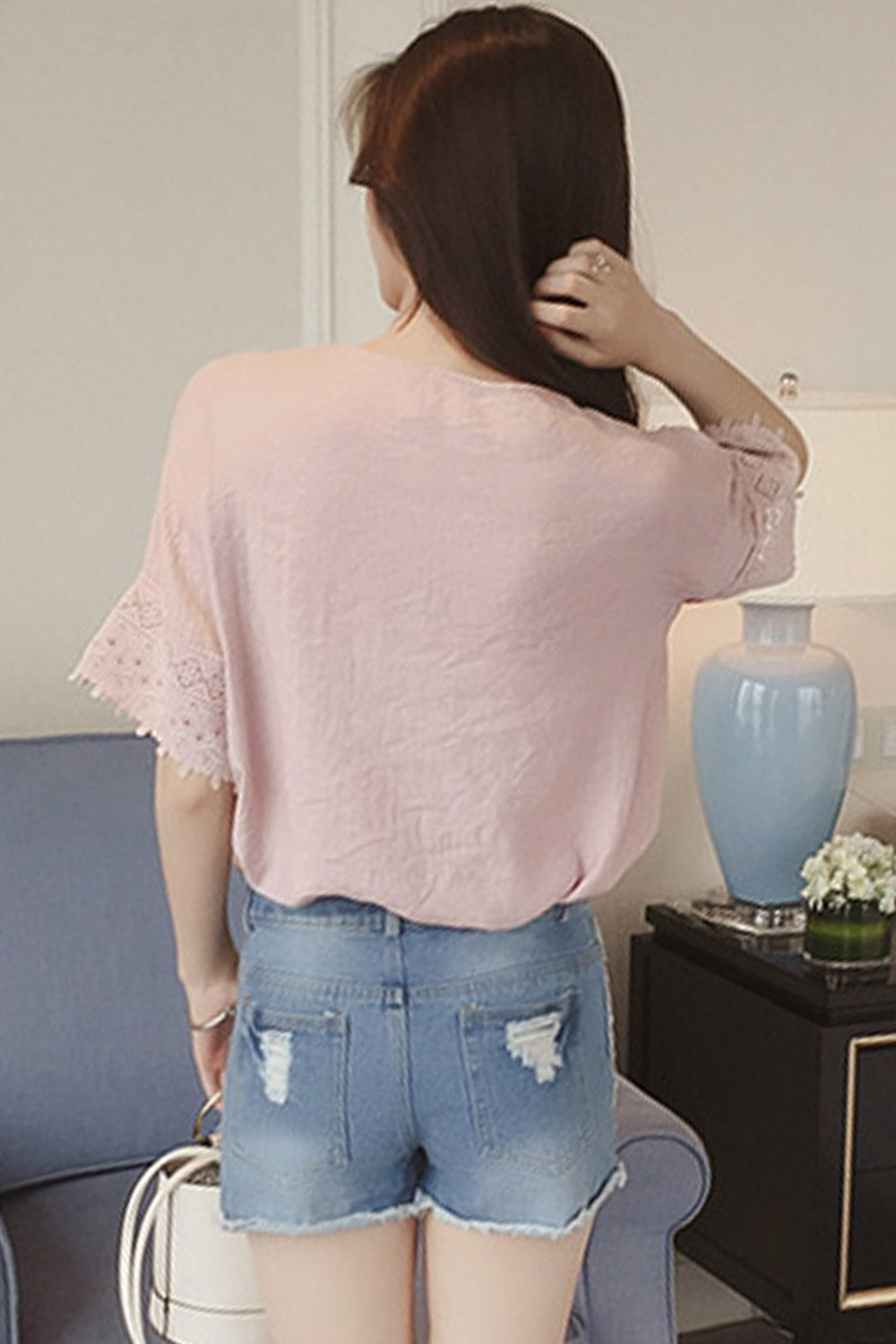 Women Solid Color V-Neck Loose Lace Blouse