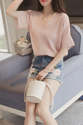 Women Solid Color V-Neck Loose Lace Blouse