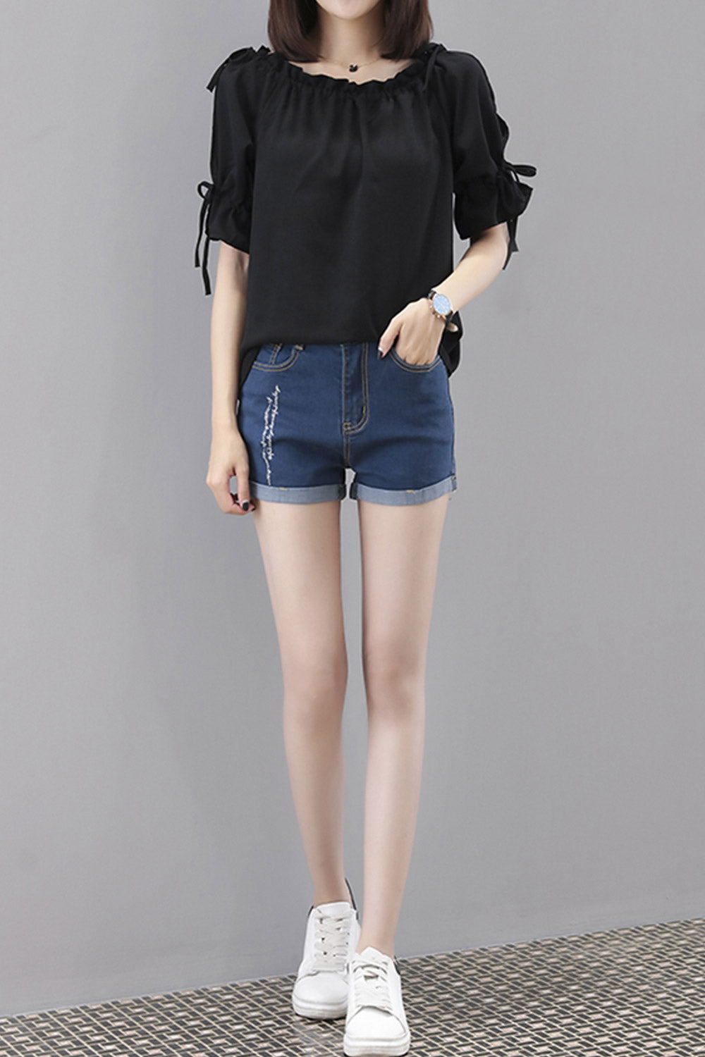 Women Tie Sleeve Round Neck Summer Blouse