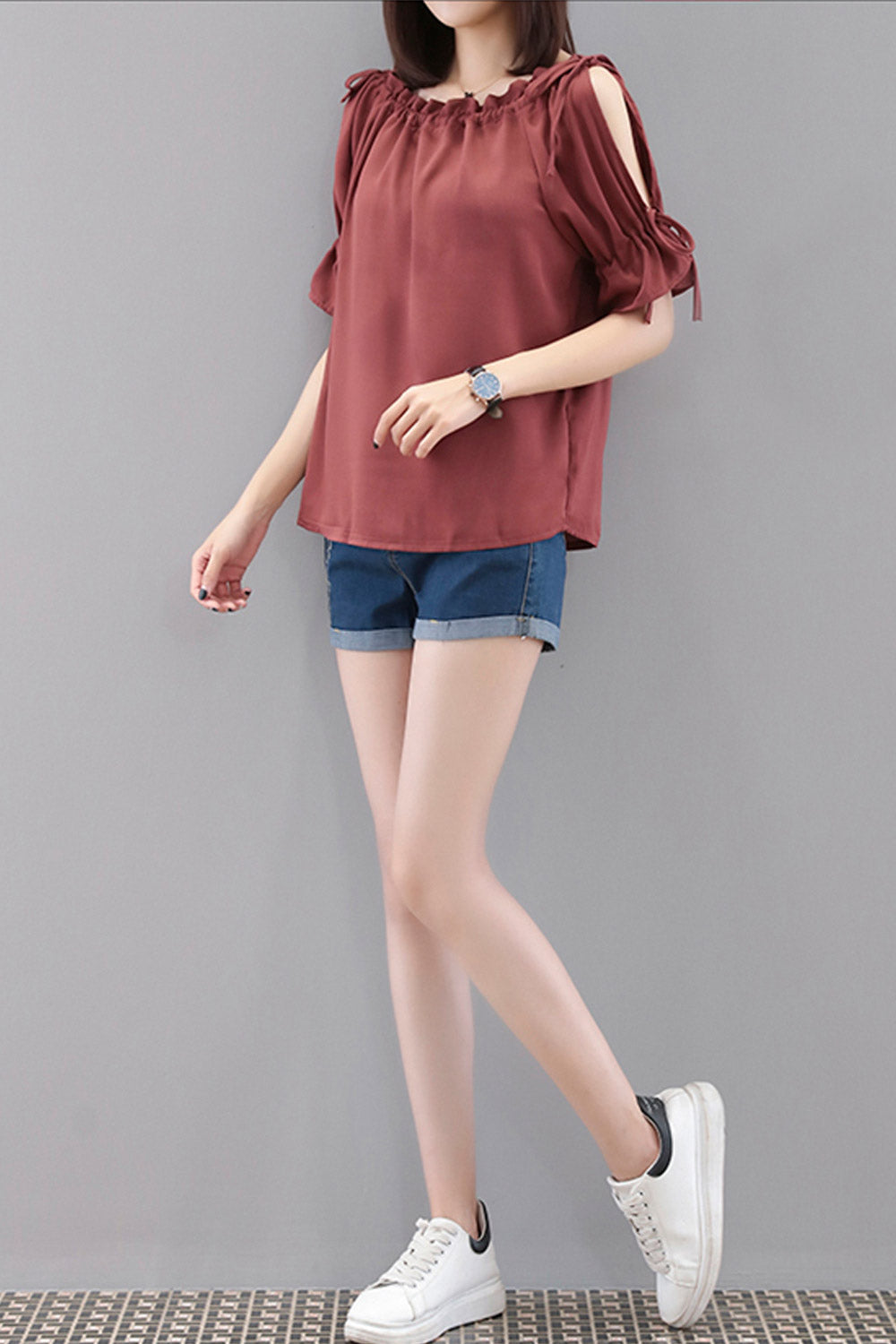 Women Tie Sleeve Round Neck Summer Blouse
