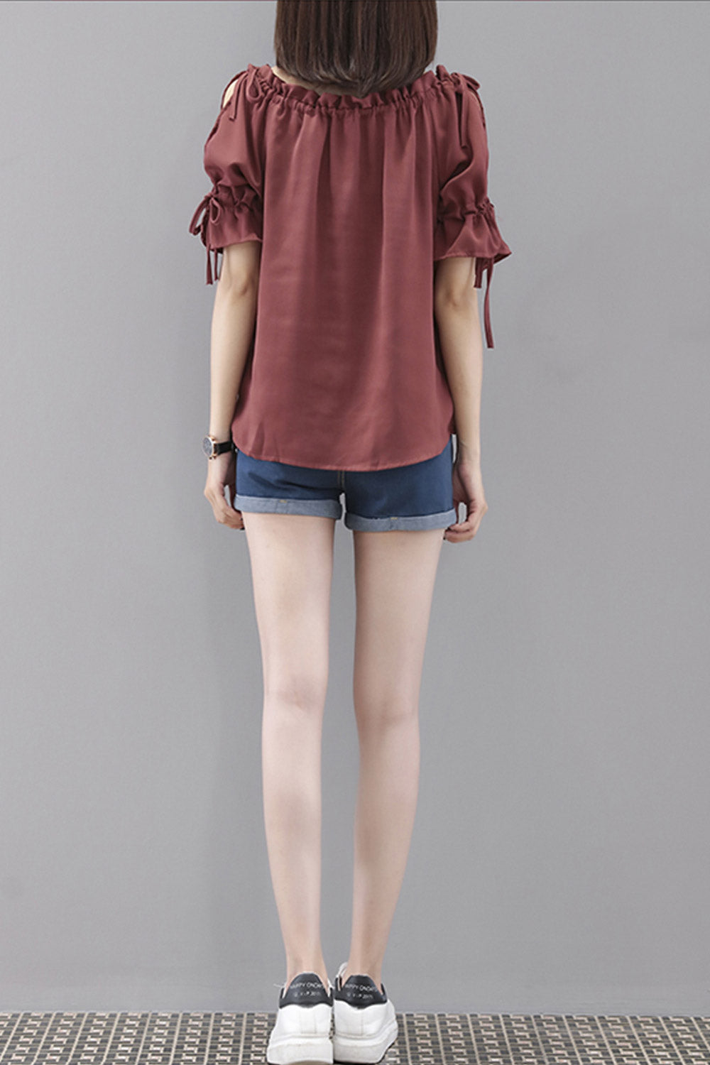 Women Tie Sleeve Round Neck Summer Blouse