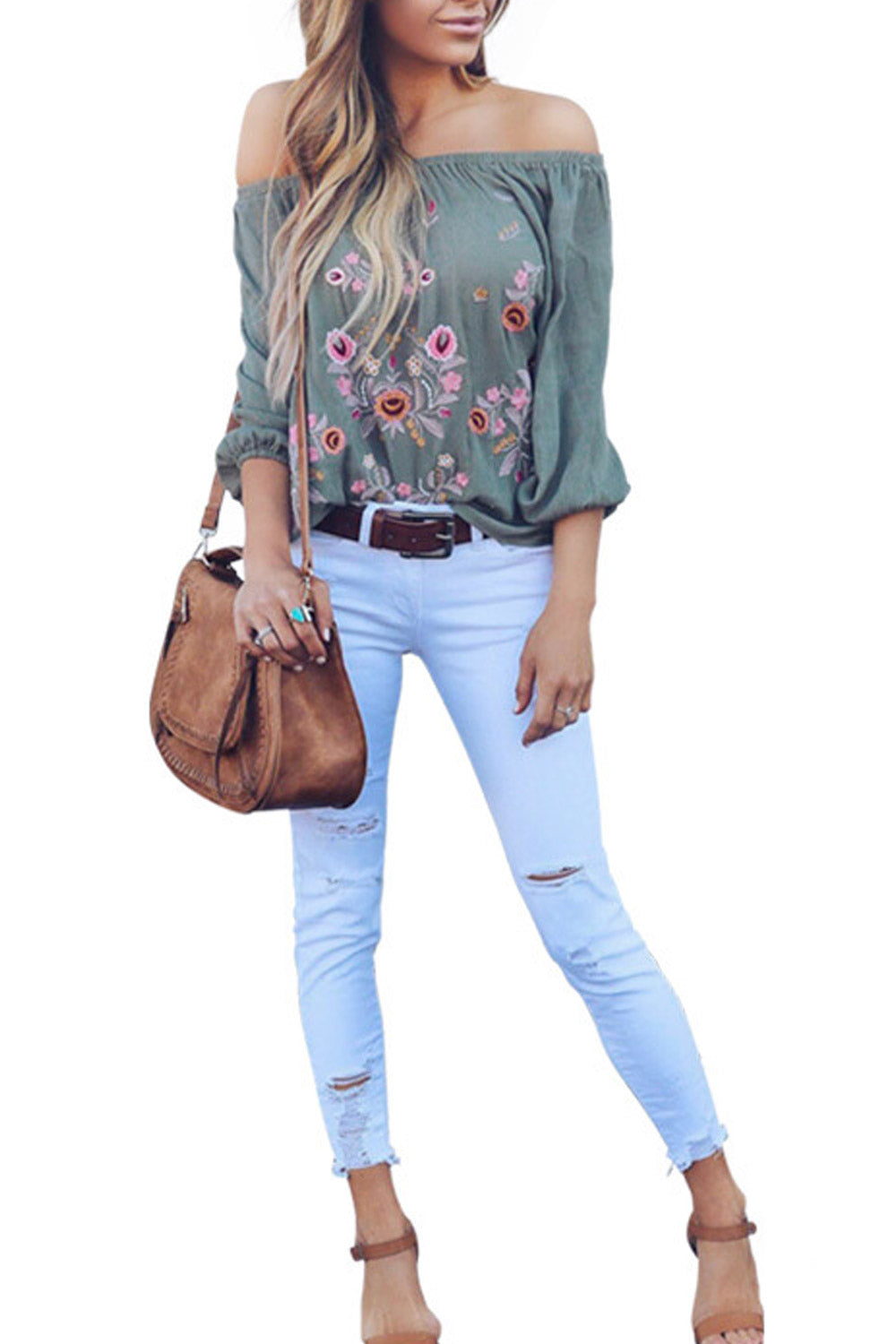 Women Off Neck Embroidered Loose Blouse