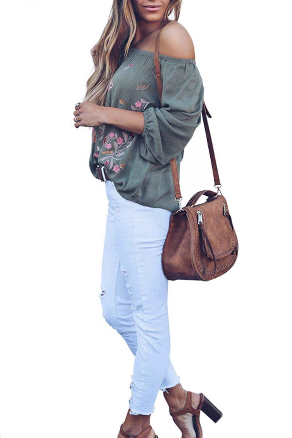 Women Off Neck Embroidered Loose Blouse