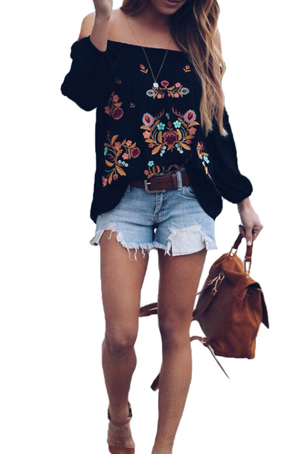 Women Off Neck Embroidered Loose Blouse