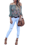 Women Off Neck Embroidered Loose Blouse