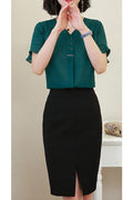 Women V-Neck Solid Color Short Sleeve Chiffon Shirt