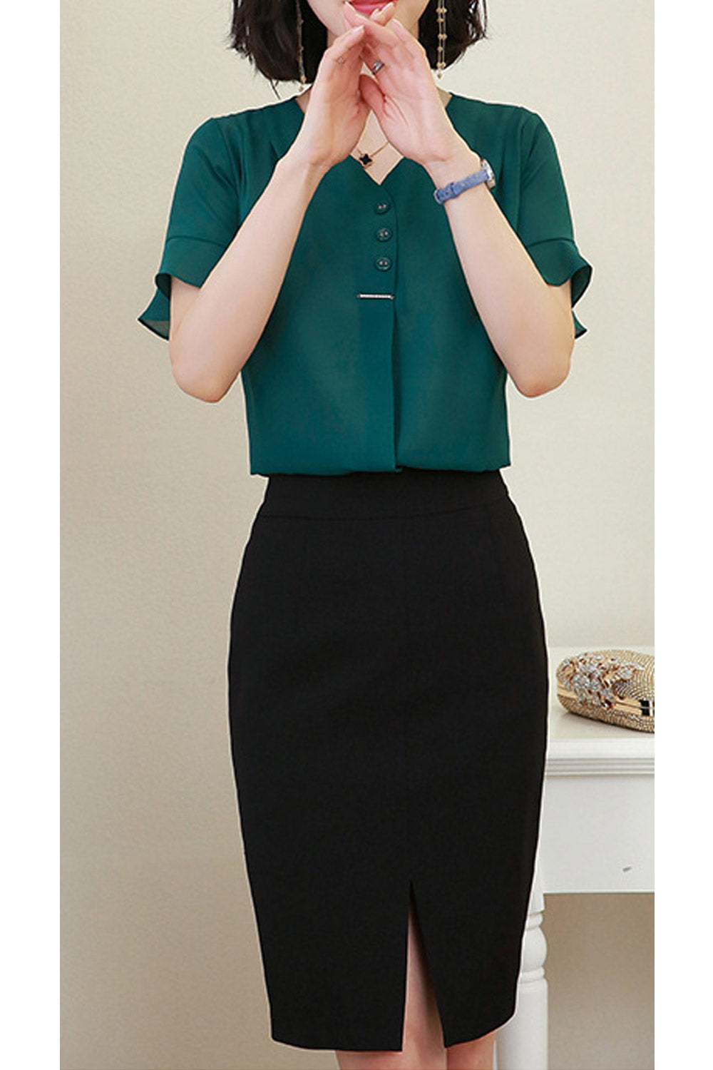 Women V-Neck Solid Color Short Sleeve Chiffon Shirt
