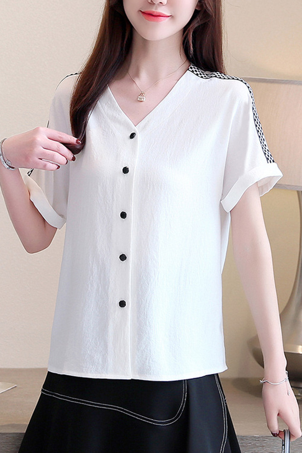 Women Button Down V-Neck Short Sleeve Shirt