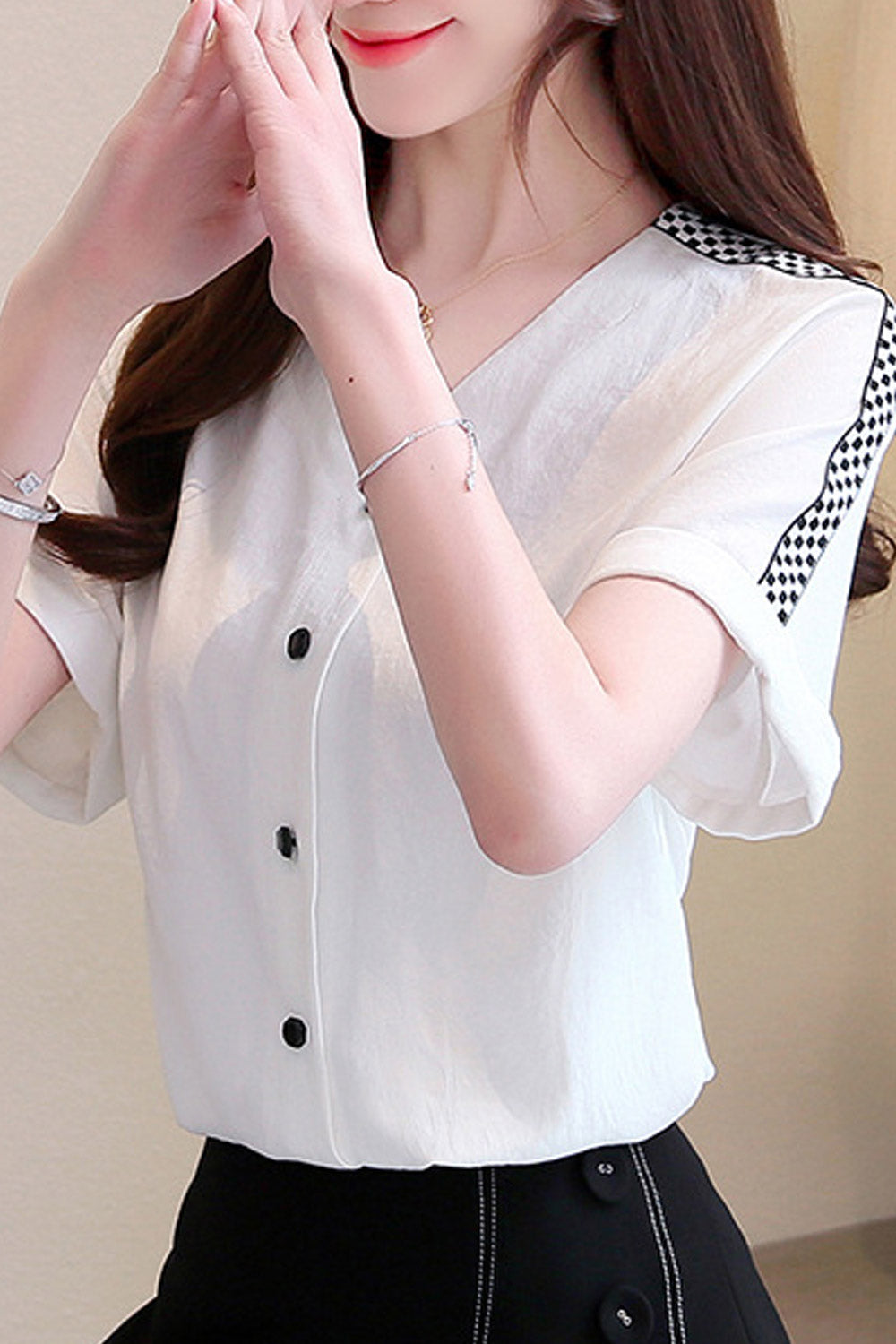 Women Button Down V-Neck Short Sleeve Shirt