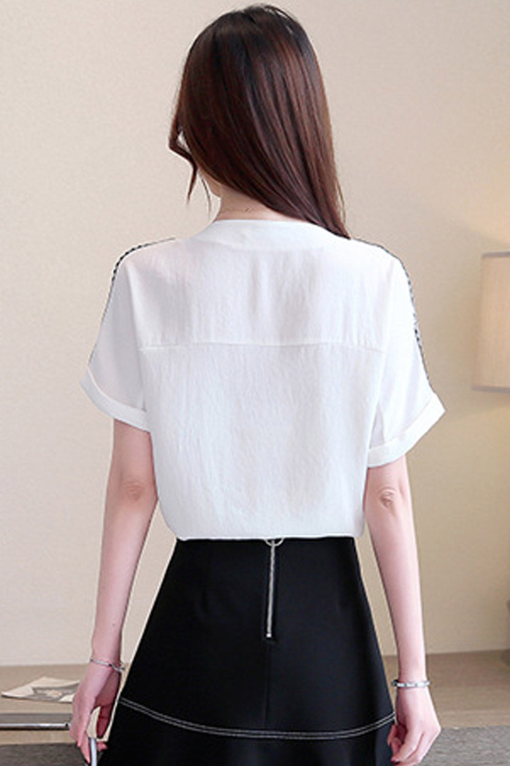 Women Button Down V-Neck Short Sleeve Shirt