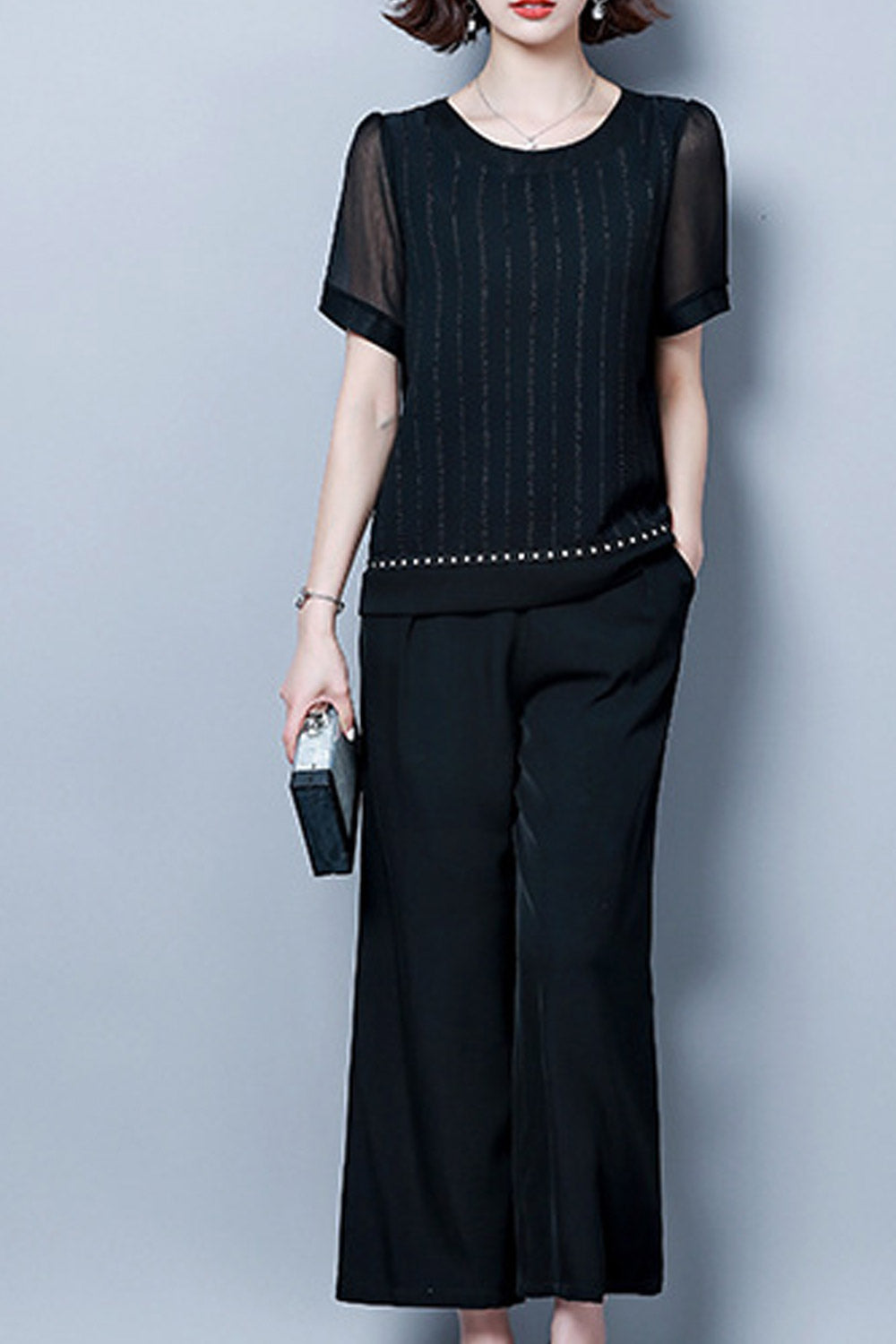 Women Short Sleeve Designed Hem Chiffon Shirt