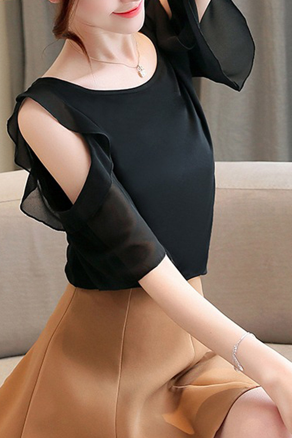 Women Chiffon Ruffled Cold Shoulder Loose Shirt