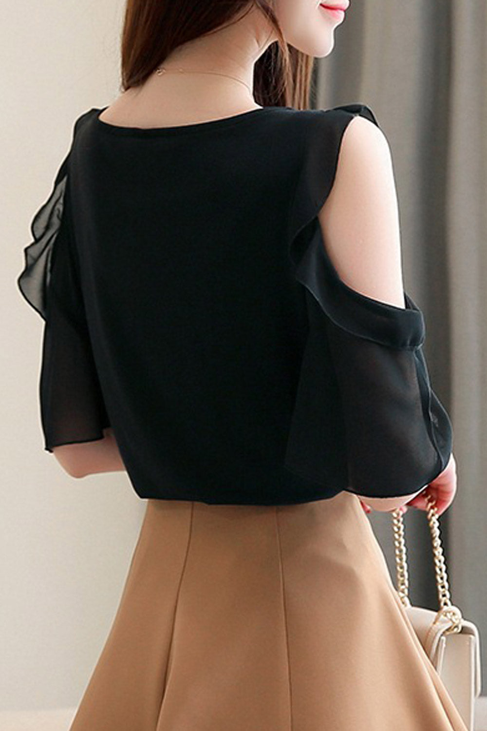 Women Chiffon Ruffled Cold Shoulder Loose Shirt