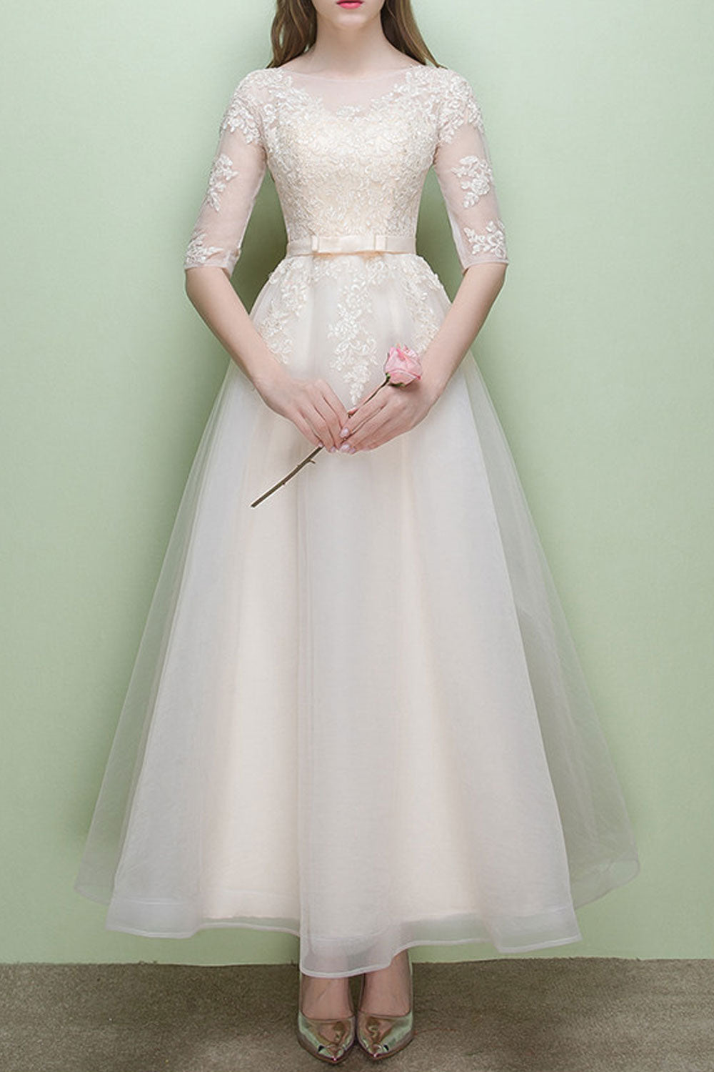 Women Boat Neck Lace Decorated Party Dress