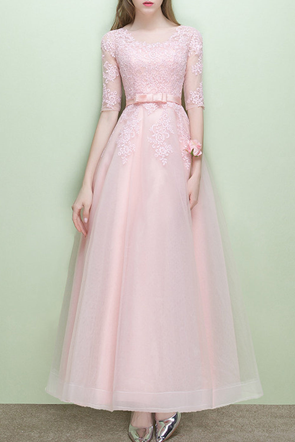 Women Boat Neck Lace Decorated Party Dress