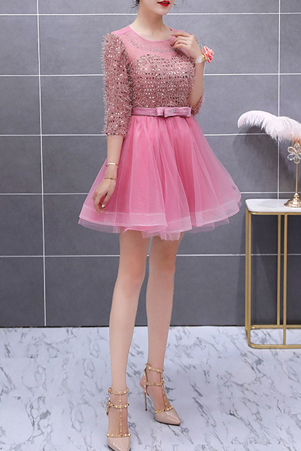 Women Decorated Bust Plain Skirt Prom Dress
